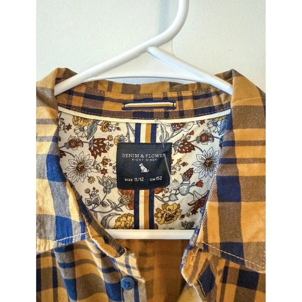 Denim & Flower Boys Mustard Plaid‎ Button Down Roll Tab Sleeve Shirt NWT 11/12